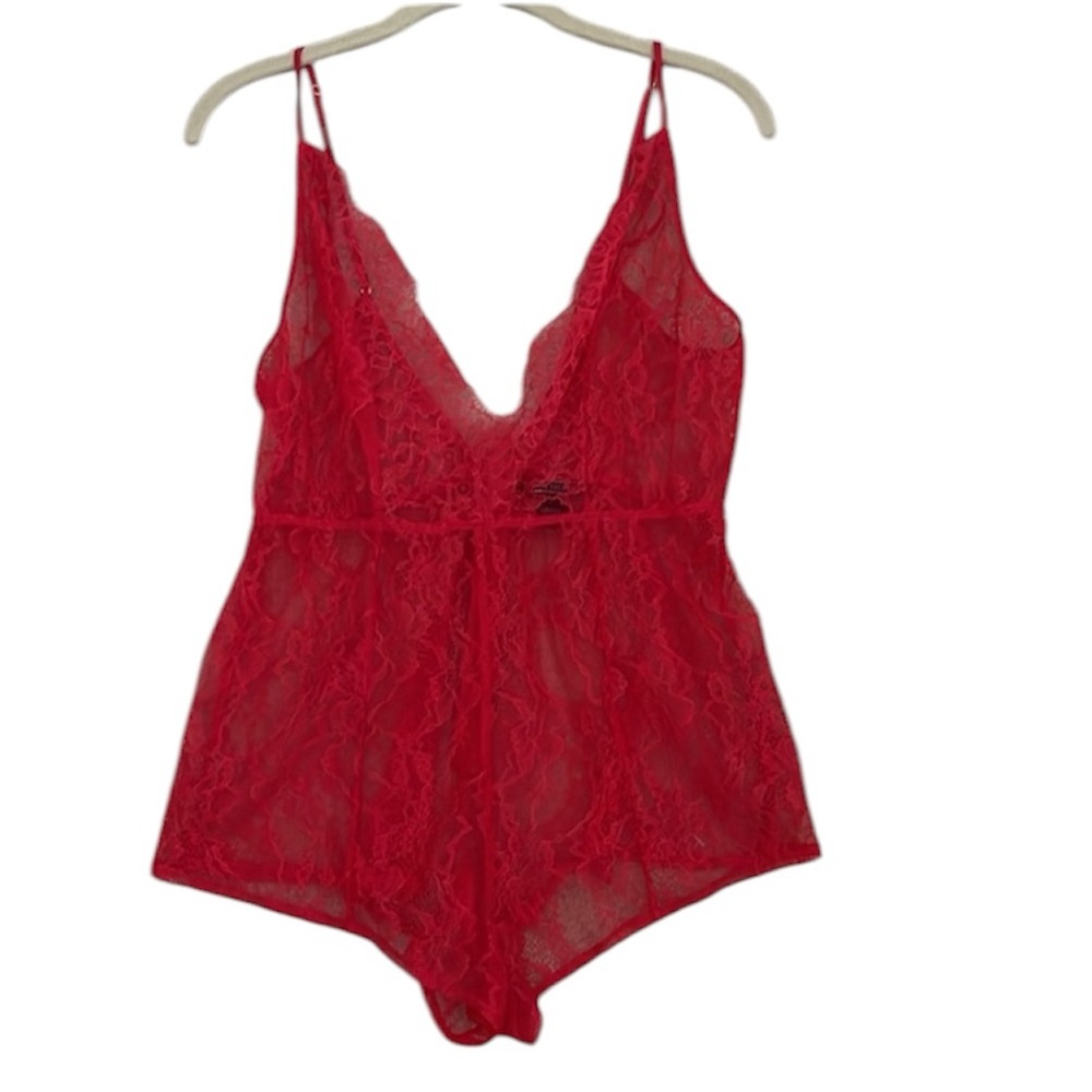Vintage Victoria Secret Red Sheer Lace Bodysuit with Plunging V-neckline